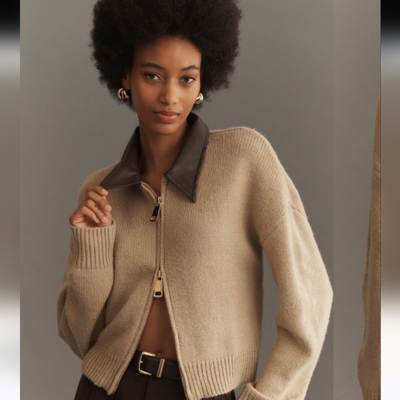 Vegan Leather Mixed Cardigan Sweater By Anthropologie - Picture 1 of 12